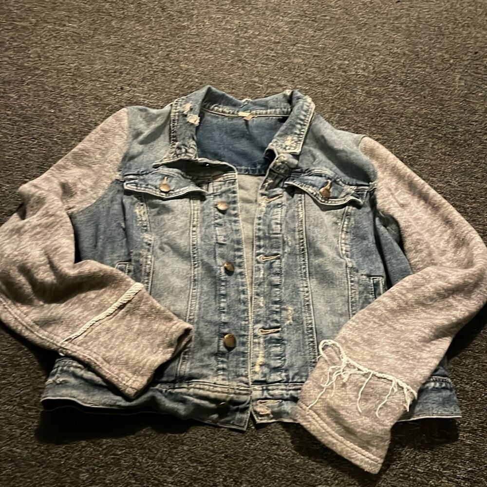 Free People Brand Denim Gray Sweater Distressed Sleeves Jacket Size Large